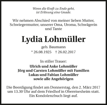 Traueranzeige von Lydia Lohmüller 