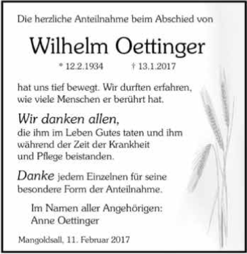 Traueranzeige von Wilhelm Oettinger 