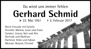 Traueranzeige von Gerhard Schmid 