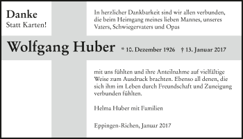 Traueranzeige von Wolfgang Huber 