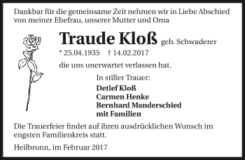 Traueranzeige von Traude Kloß 