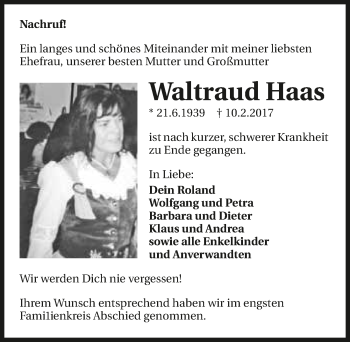 Traueranzeige von Waltraud Haas 