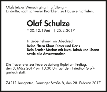 Traueranzeige von Olaf Schulze 