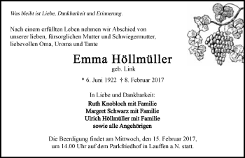 Traueranzeige von Emma Höllmüller 