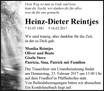 Traueranzeige von Heinz-Dieter Reintjes 