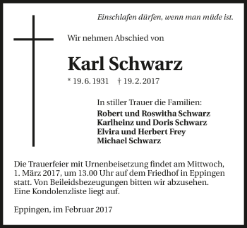 Traueranzeige von Karl Schwarz 