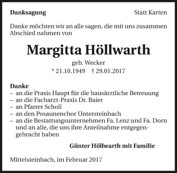 Traueranzeige von Margitta Höllwarth 