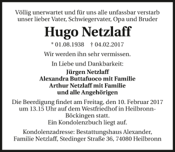 Traueranzeige von Hugo Netzlaff 