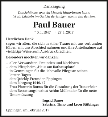 Traueranzeige von Paul Bauer 