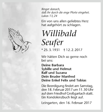 Traueranzeige von Willibald Seufer 