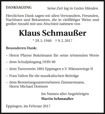 Traueranzeige von Klaus Schmaußer 