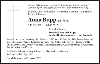 Traueranzeige von Anna Rupp 