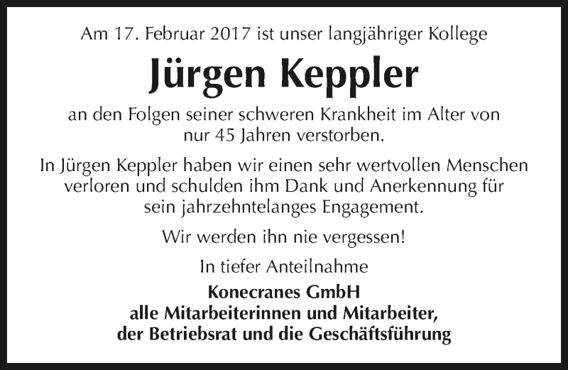  Traueranzeige für Jürgen Keppler vom 28.02.2017 aus 
