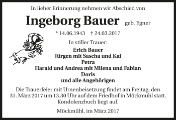 Traueranzeige von Ingeborg Bauer 