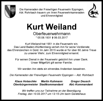 Traueranzeige von Kurt Weiland 