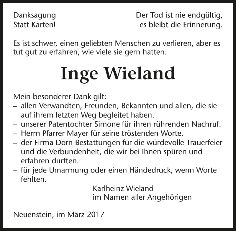  Traueranzeige für Inge Wieland vom 14.03.2017 aus 