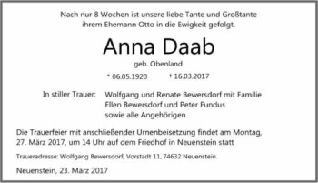 Traueranzeige von Anna Daab 