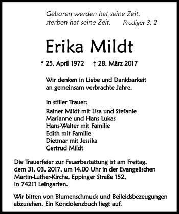 Traueranzeige von Erika Mildt 