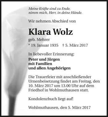 Traueranzeige von Klara Wolz 