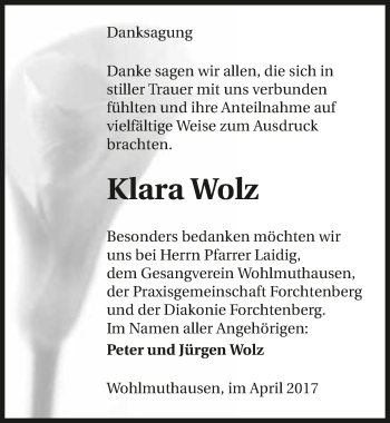 Traueranzeige von Klara Wolz 