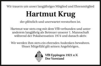 Traueranzeige von Hartmut Krug 