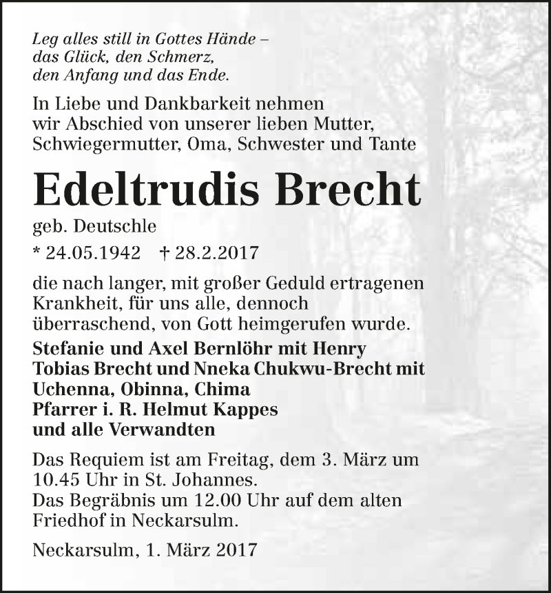  Traueranzeige für Edeltrudis Brecht vom 02.03.2017 aus 