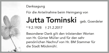 Traueranzeige von Jutta Tominski 