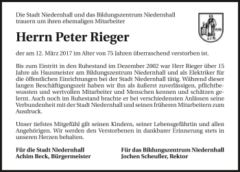 Traueranzeige von Peter Rieger 