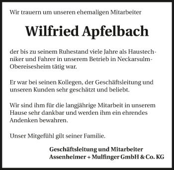 Traueranzeige von Wilfried Apfelbach 