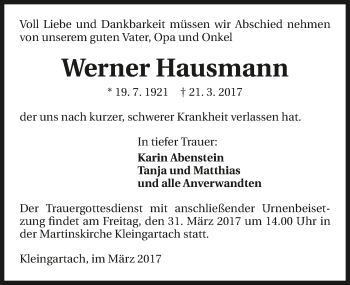 Traueranzeige von Werner Hausmann 