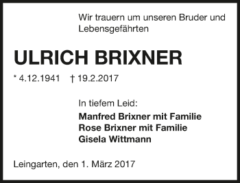 Traueranzeige von Ulrich Brixner 