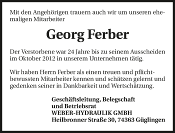 Traueranzeige von Georg Ferber 