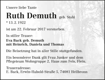 Traueranzeige von Ruth Demuth 