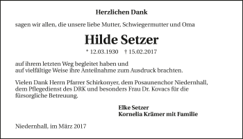 Traueranzeige von Hilde Setzer 