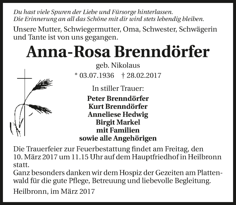  Traueranzeige für Anna-Rosa Brenndörfer vom 03.03.2017 aus 