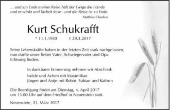 Traueranzeige von Kurt Schukrafft 