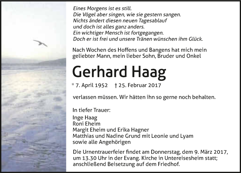  Traueranzeige für Gerhard Haag vom 04.03.2017 aus 