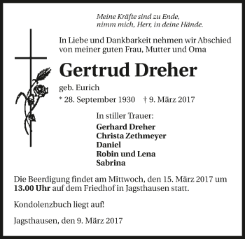 Traueranzeige von Gertrud Dreher 