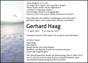 Traueranzeige von Gerhard Haag 