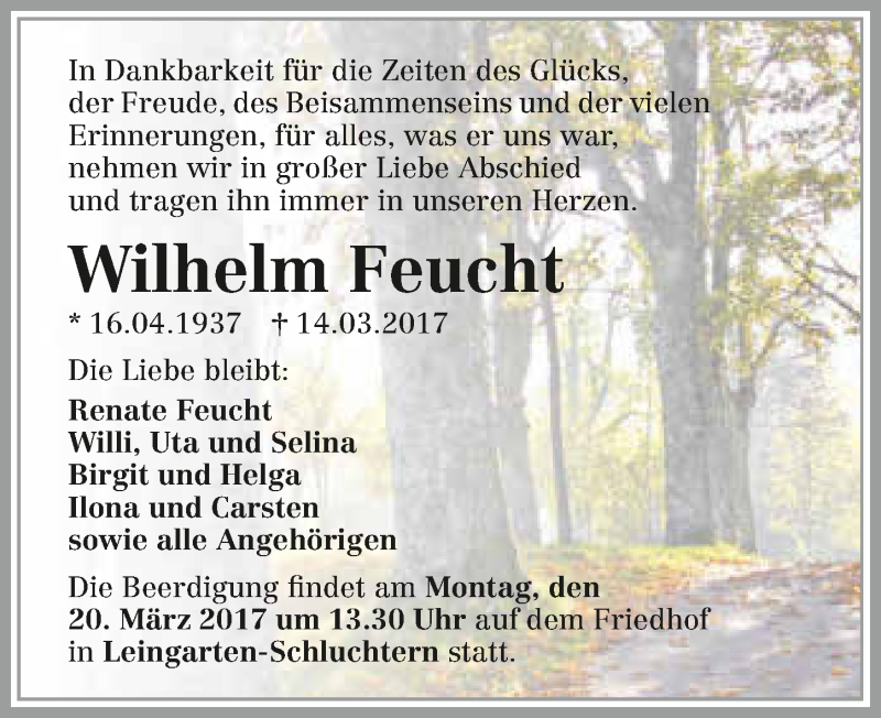  Traueranzeige für Wilhelm Feucht vom 17.03.2017 aus 