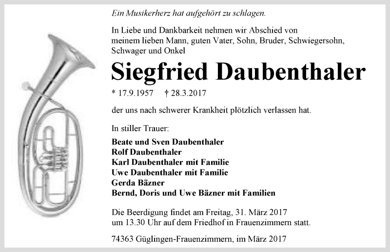  Traueranzeige für Siegfried Daubenthaler vom 30.03.2017 aus 