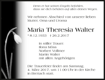 Traueranzeige von Maria Theresia Walter 