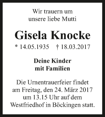 Traueranzeige von Gisela Knocke 