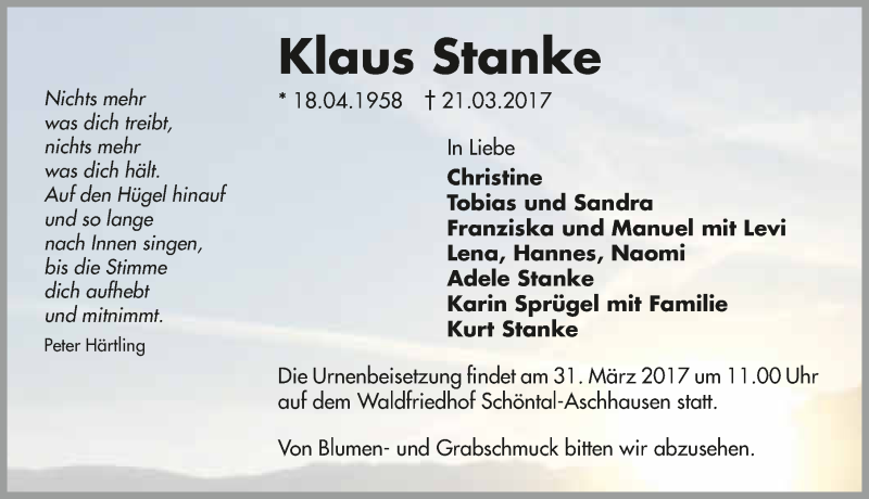  Traueranzeige für Klaus Stanke vom 28.03.2017 aus 