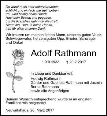 Traueranzeige von Adolf Rathmann 