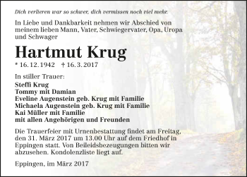 Traueranzeige von Hartmut Krug 