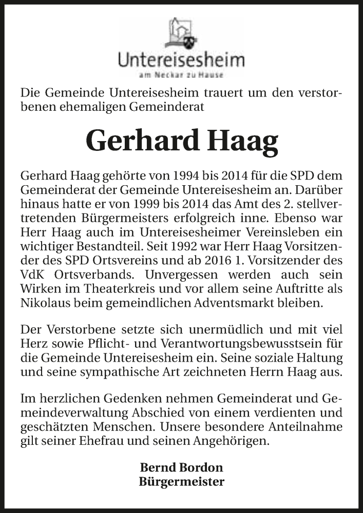 Traueranzeige für Gerhard Haag vom 04.03.2017 aus 