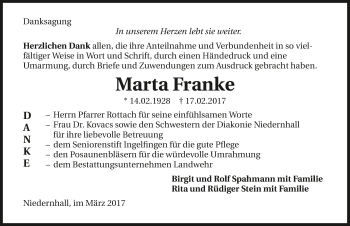 Traueranzeige von Marta Franke 