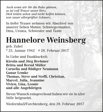 Traueranzeige von Hannelore Weinsberg 