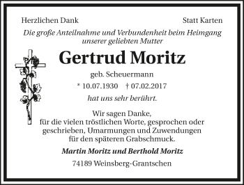 Traueranzeige von Gertrud Moritz 